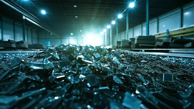 A view of crushed solar panel glass sparkling under bright facility lights, ready for repurposing into new construction materials