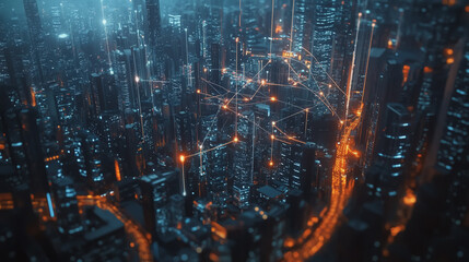 Smart digital Innovation city with connection network reciprocity over the cityscape. of future smart wireless city and social media networking systems that connects business people with in city