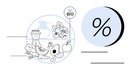 Organic vegetables, fruits, dairy, and jar with bio label next to a large percentage symbol. Ideal for nutrition, health, organic farming, eco-friendly products, dietary information, natural food