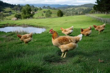Hens grazing on grass in a free range organic farm