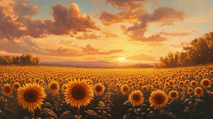 Obraz premium painting style illustration, sunflower field with sunset sky scenery, calm and peaceful