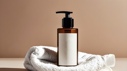 Studio shot photo of one mock up bottle of body wash product and towel in the middle of bathroom table in beige bathroom