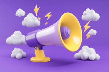 cartoonish image of a microphone with a yellow and purple color scheme. The microphone is surrounded by clouds and lightning bolts, giving the impression of a loud and powerful sound