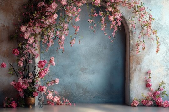 Maternity backdrop- wedding backdrop- photography background with delicate flowers and vintage wall.