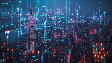 Obraz premium Smart digital Innovation city with connection network reciprocity over the cityscape. of future smart wireless city and social media networking systems that connects business people with in city