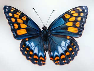 Fototapeta premium A stunning blue butterfly with vivid yellow and orange patterns on its wings is captured in flight against a light background.