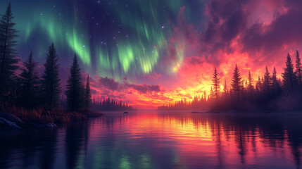 Aurora borealis on Northern Europe. Green and blue northern lights above mountains and lake night landscape