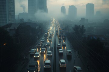 Air pollution in crowded city full of fog and smoke