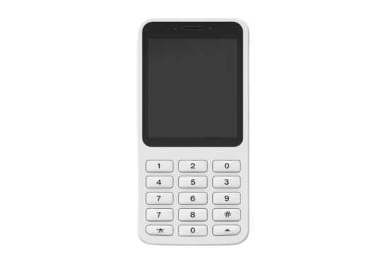 Minimalist cell phone with a clear screen and minimal buttons, isolated on white background