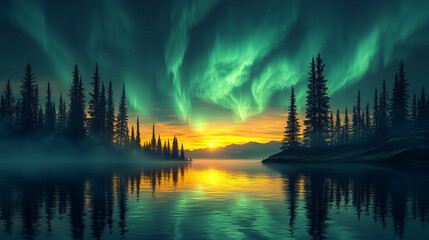 Naklejka premium Aurora borealis on Northern Europe. Green and blue northern lights above mountains and lake night landscape