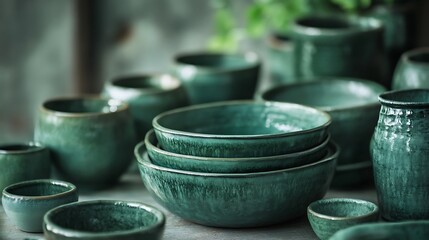 Close-up Photo: Deep Teal Ceramic Bowls Beautifully Arranged on Rustic Surface. AI Generated