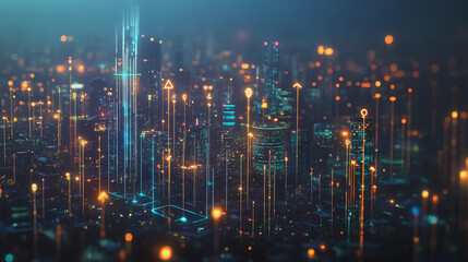 Fototapeta premium Smart digital Innovation city with connection network reciprocity over the cityscape. of future smart wireless city and social media networking systems that connects business people with in city
