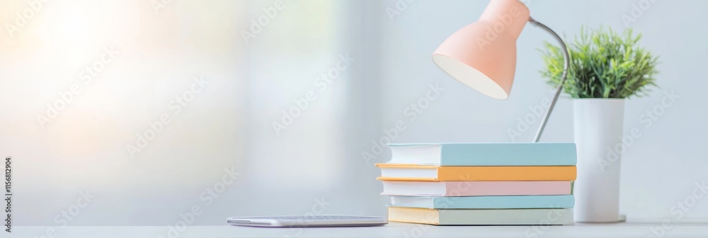 Poster minimalist study desk with lamp and books in soft winter light