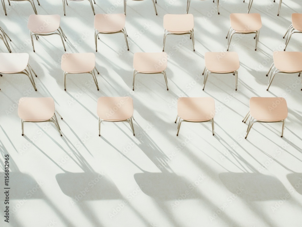 Poster deserted classroom with rows of shadowed chairs in winter light