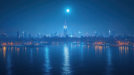Fototapeta premium Nighttime cityscape featuring a skyline with a prominent tower and a glowing moon.