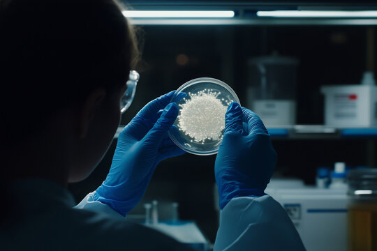 scientist is holding a petri dish with a white substance in it. The scientist is wearing a lab coat and gloves. Scene is serious and focused - Powered by Adobe