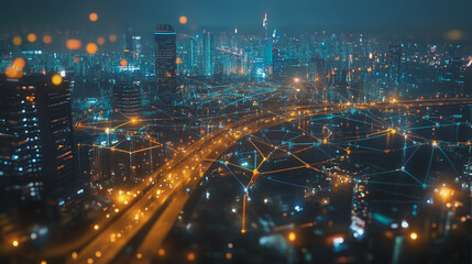 Fototapeta premium Smart digital Innovation city with connection network reciprocity over the cityscape. of future smart wireless city and social media networking systems that connects business people with in city