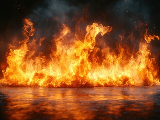 A vibrant, realistic depiction of fire flames on a transparent background with an intense and fiery ambiance, reflecting off a surface.