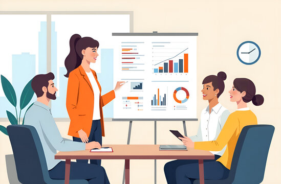 A woman is delivering an informative presentation to a group of interested people who are sitting around a large table arranged for discussion