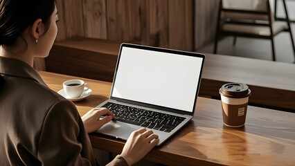 Mockup image of a woman using laptop with blank white screen