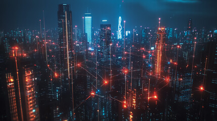 Fototapeta premium Smart digital Innovation city with connection network reciprocity over the cityscape. of future smart wireless city and social media networking systems that connects business people with in city