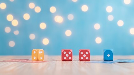 Vibrant Tabletop Gaming Dice and Cards on Wooden Table with Soft Bokeh Background