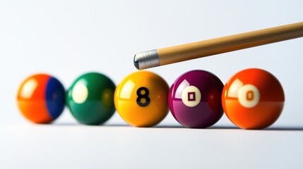 Eight Ball Billiards: Close-up of Cue Stick and Colorful Pool Balls