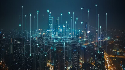 Obraz premium Smart digital Innovation city with connection network reciprocity over the cityscape. of future smart wireless city and social media networking systems that connects business people with in city