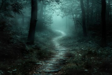 Naklejka premium Misty Forest Path Winding Deep Into Woods