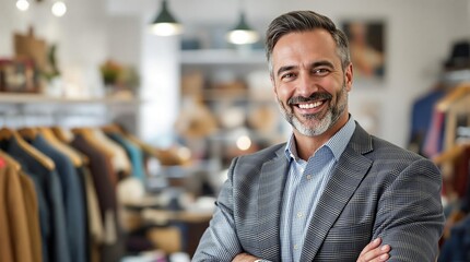 Obraz premium Confident Shop Owner: Portrait of a smiling mature man in a suit, arms crossed, standing in his clothing shop. He exudes success and approachability. 