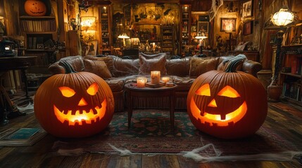 Fototapeta premium Cozy and Spooky Halloween Living Room with Carved Jack-o'-Lanterns, Candles, and Vintage Decor Set Against an Eerie Atmospheric Background