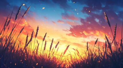 Vibrant Sunset Landscape: Digital Painting of Silhouetted Grass at Golden Hour. AI Generated