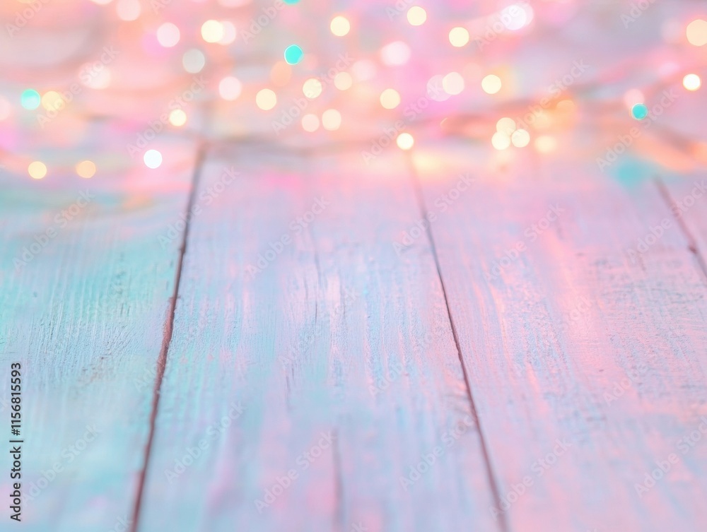 Poster vibrant bokeh lights reflecting on rustic wooden surface