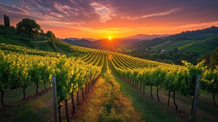 Naklejka premium Sun setting over a vineyard