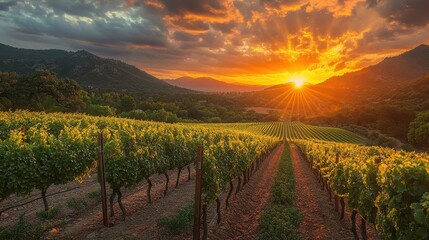 Naklejka premium Sun setting over a vineyard