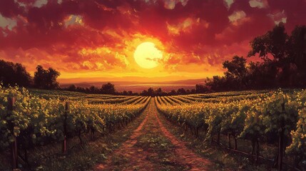 Naklejka premium Sun setting over a vineyard
