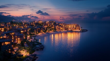 Naklejka premium Elevated Landscape Perspectives, 3D Rendering of Coastal Resort at Dusk
