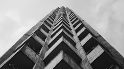 The photograph shows an upward angle of a tall, modern building, highlighting its numerous balconies with a clear view of the geometric structural design of the fa&Atilde;&sect;ade