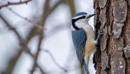 Obraz premium Close-up of a white-breasted nuthatch perched on a tree trunk 