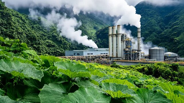 A large industrial facility is located against a backdrop of lush green mountains, showcasing steam and smoke rising from the chimneys. The contrast between nature and industrialization is evident