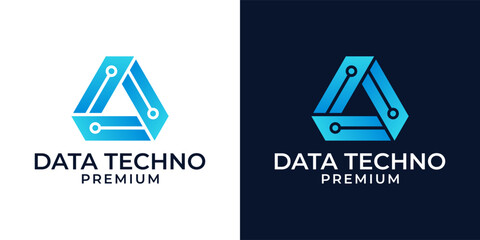 Data technology logo design vector.  Triangle circuit board technology logo. Vector logo of network, data, connection, circle, science, abstract, technology, AI, security, triangle, colorful, modern.