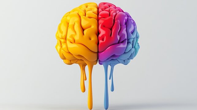 Brain with two different colored sections, one yellow and one blue. The brain is dripping with paint, giving it a messy and chaotic appearance