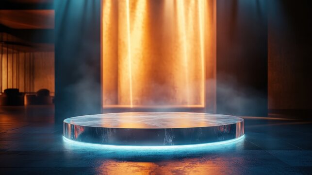 Transparent podium with a floating effect, highlighted by bright, focused lights.