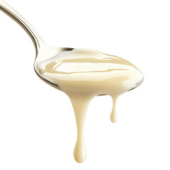 Condensed milk flowing down from spoon isolated on transparent white background, clipping path