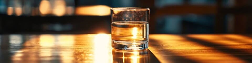 Surreal Reflection Glass of Water on Sunlit Wooden Table in Korean Home Theater