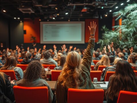 A diverse audience attentively participates in a professional business seminar, with individuals raising their hands to engage in discussion.