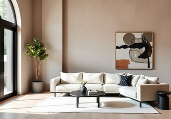 Minimalist, japandi style home geometric interior design of modern living room. Sofa and black coffee table near arched window against stucco wall 