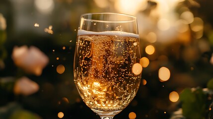 Close-up Photo: Sparkling Champagne Bubbles Elegantly Rise in Festive Sunset Light. AI Generated