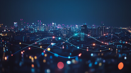 Fototapeta premium Smart digital Innovation city with connection network reciprocity over the cityscape. of future smart wireless city and social media networking systems that connects business people with in city