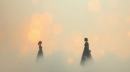 Fototapeta premium Two figures in elegant dresses stand facing each other in a foggy setting, illuminated by soft, warm light, creating a dreamy and mysterious atmosphere.